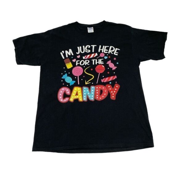 Port & Company I'm Just Here For The Candy Size Large Black Multi Graphic Tee - Picture 9 of 9